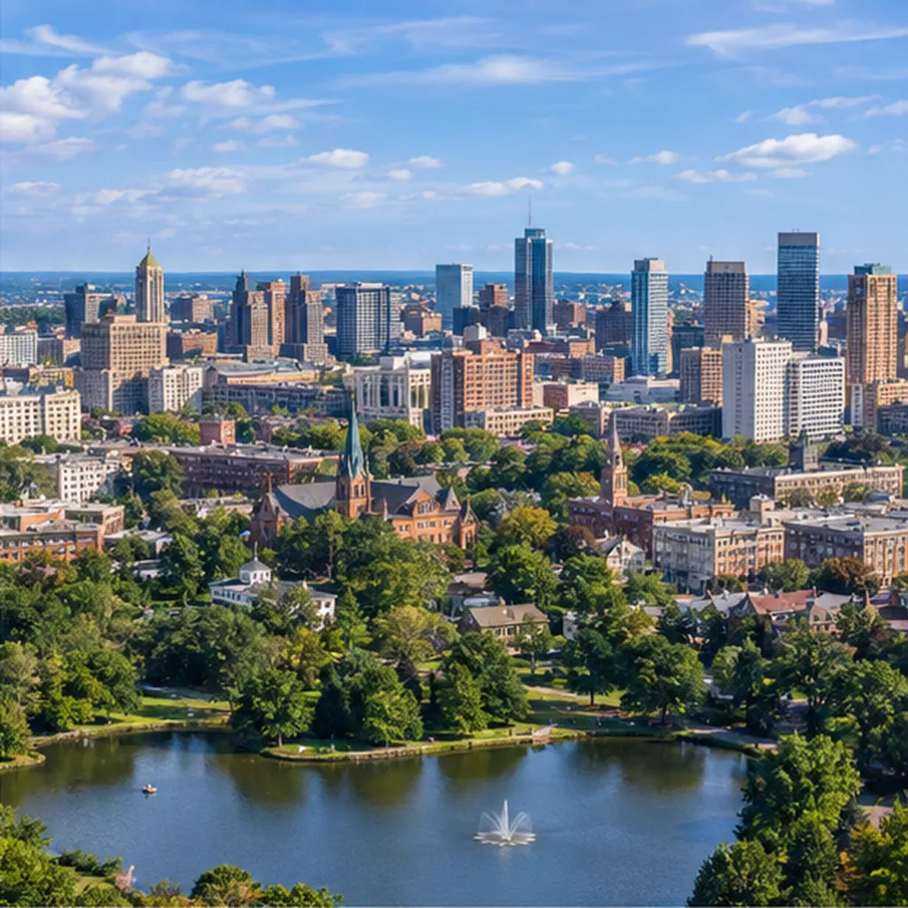 City skyline beyond a lake and leafy trees