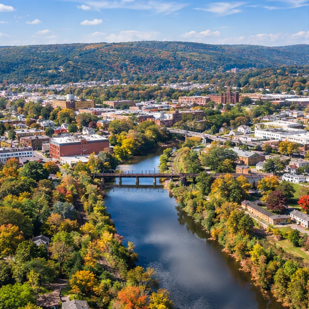 River bordered by town buildings and trees, with hills in the distance