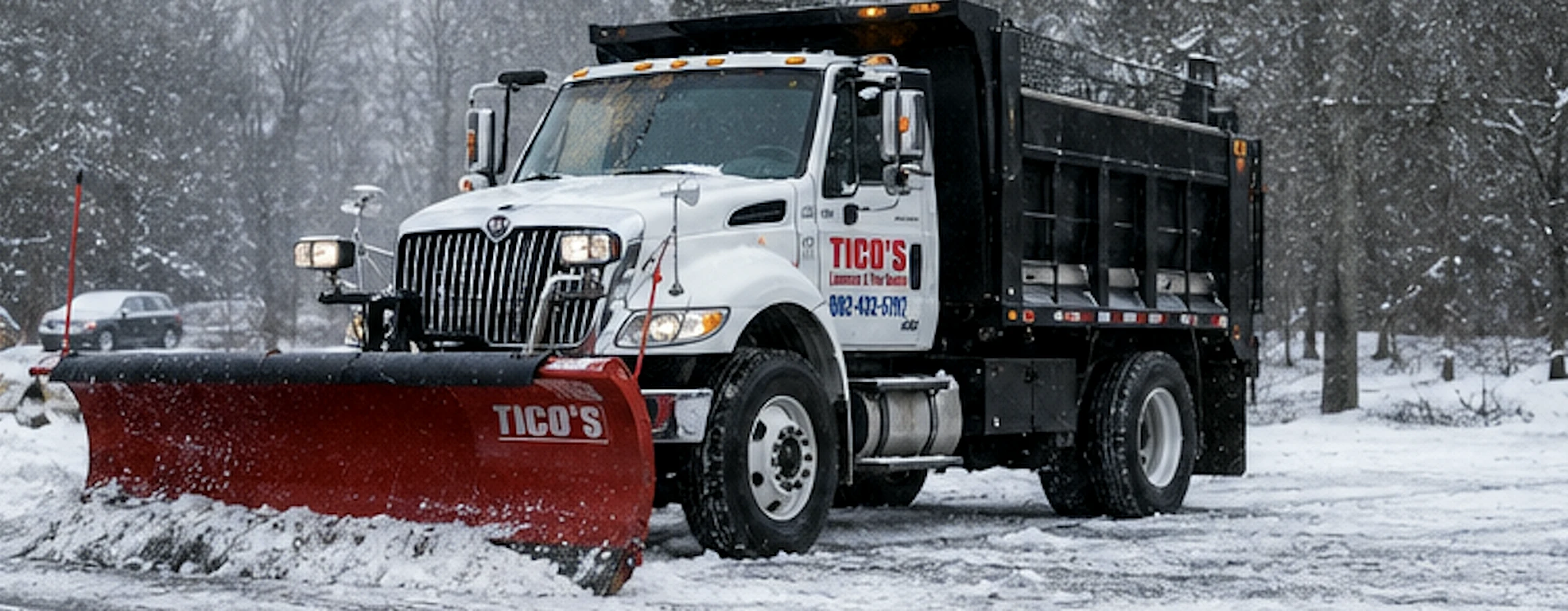 Tico's plow truck with a red Tico's plow blade and black dump body in falling snow