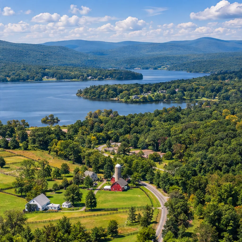 Lake surrounded by wooded hills, fields and scattered houses