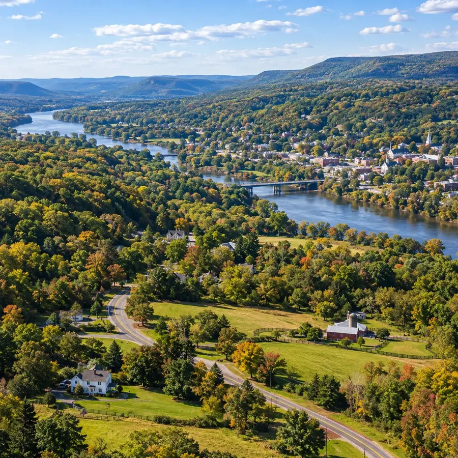 River valley with fields, scattered houses and wooded hills