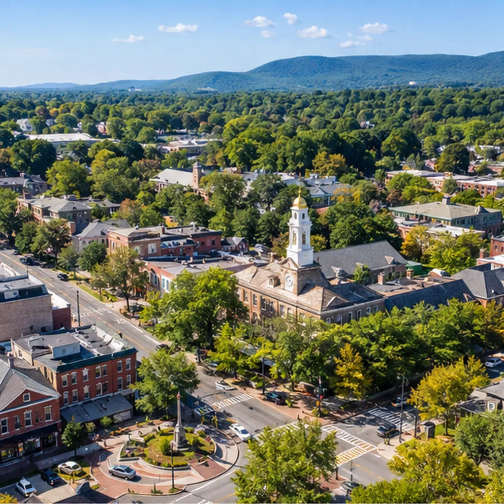 Town center with a church steeple, leafy streets and wooded hills