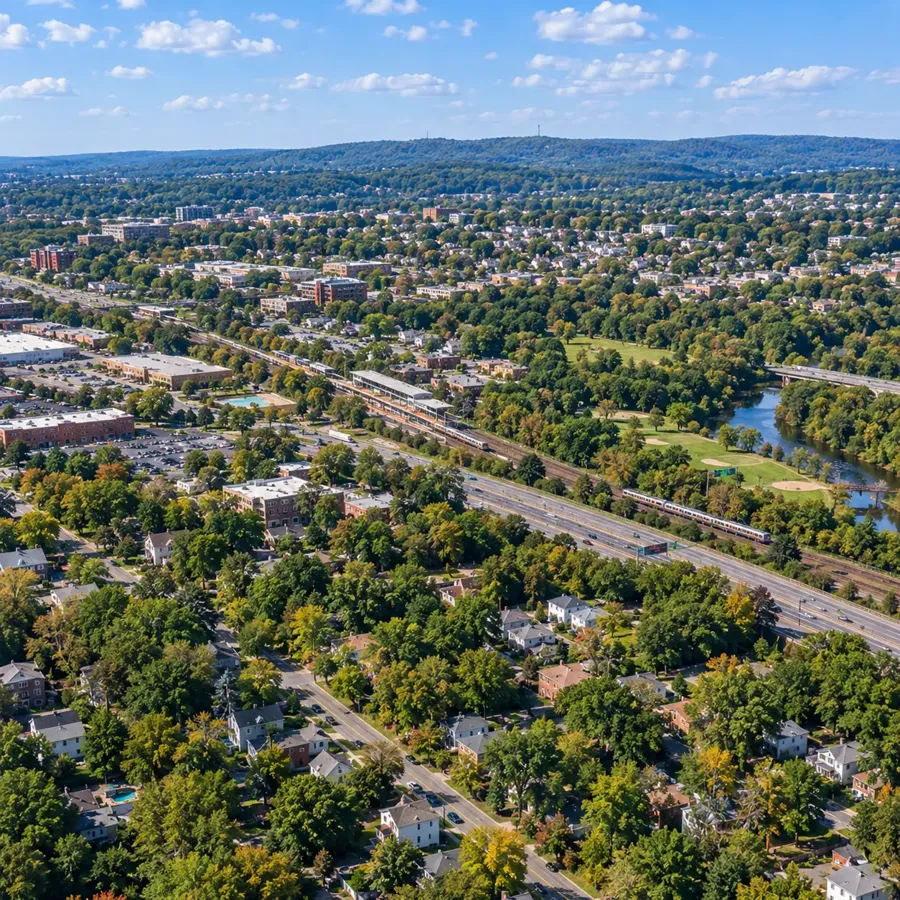 Aerial view of neighborhoods and a railway corridor bordered by trees
