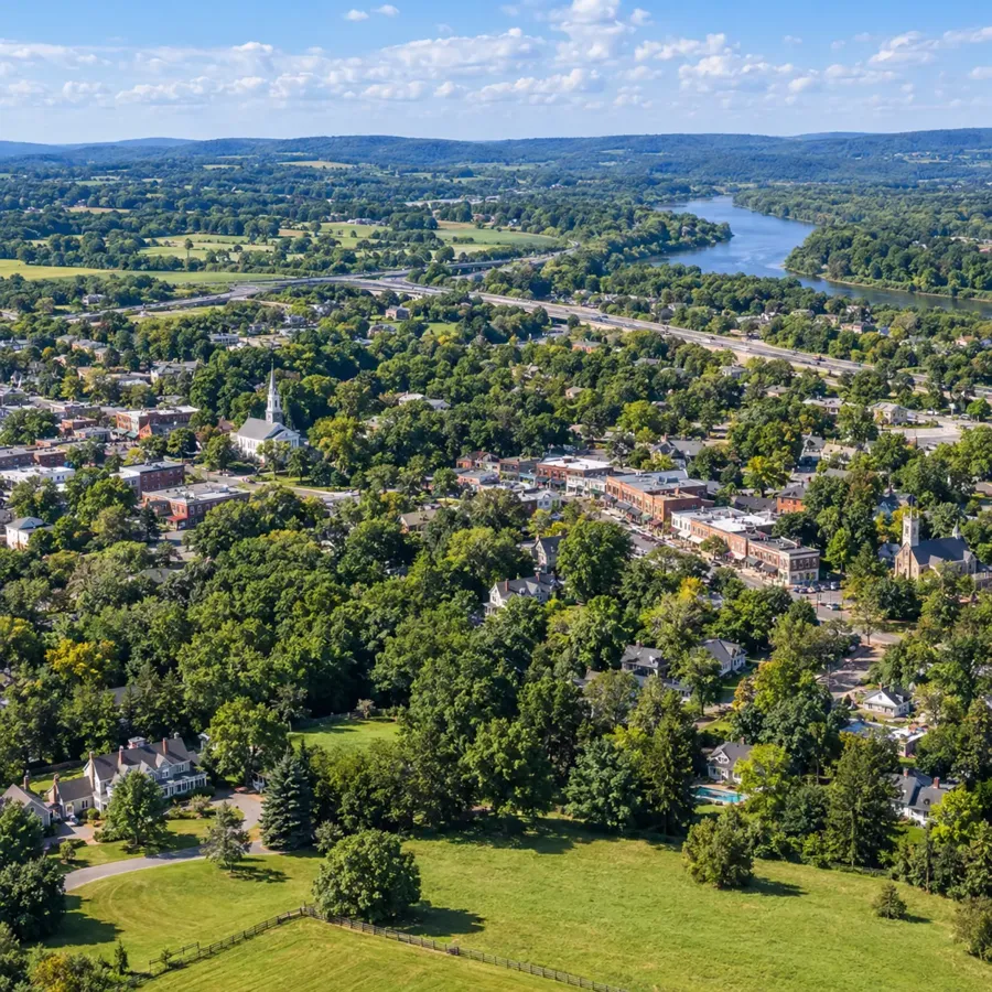 Aerial view of a wooded neighborhood with a river in the distance
